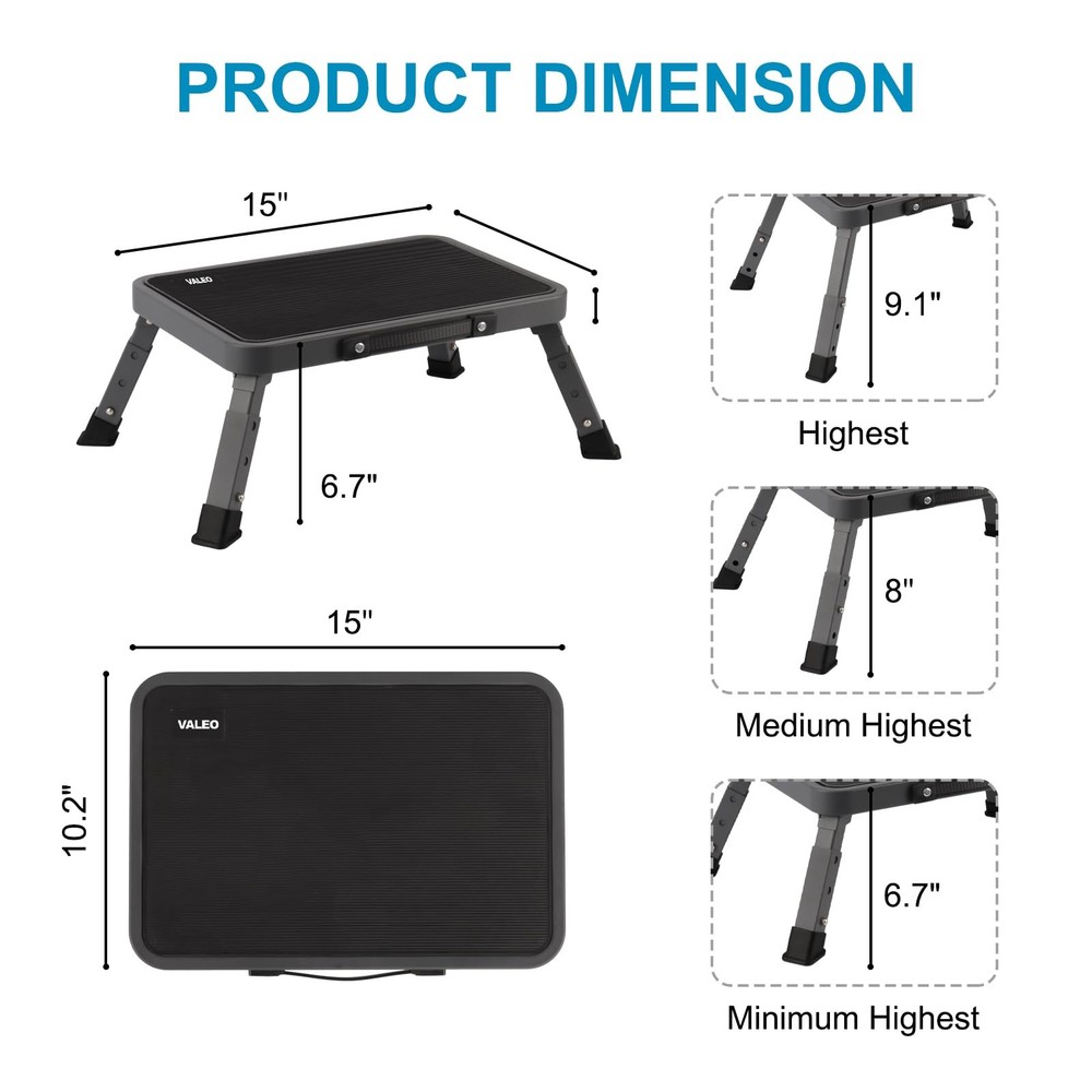 Valeo Folding Step Stool, Adjustable Stool with Non-Slip 3 level, Black