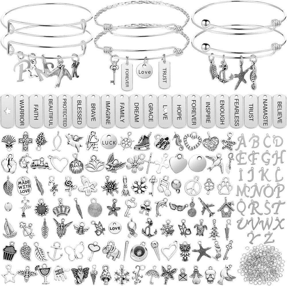 363 Pcs Charm Bracelet Making Kit Bangle Bracelets DIY Kit, 17 Silver Expandable