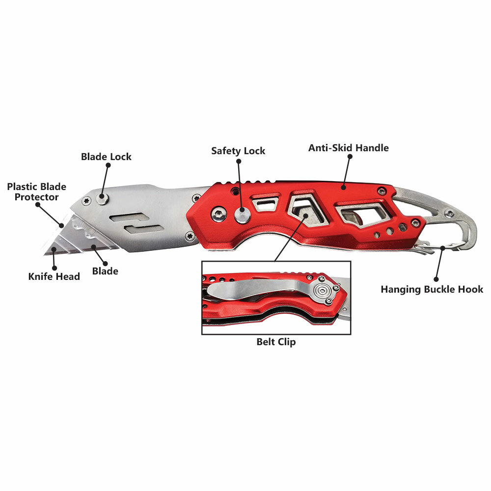 Folding Utility Pocket Knife Box Cutter with Belt Clip, Easy Release Button