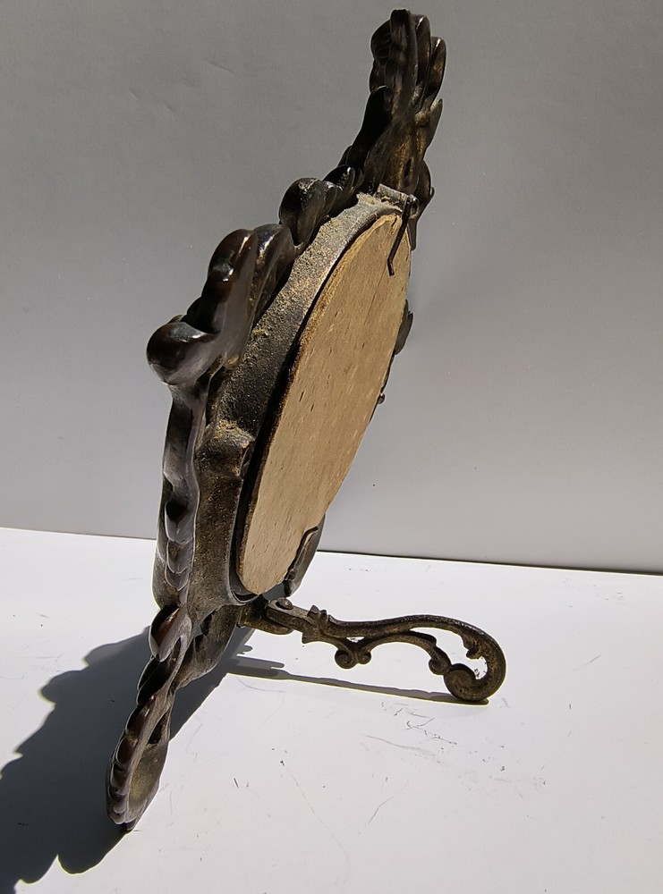 Antique Thick 10" Solid Brass/Bronze Beveled Dresser/Tabletop Mirror Easel Stand