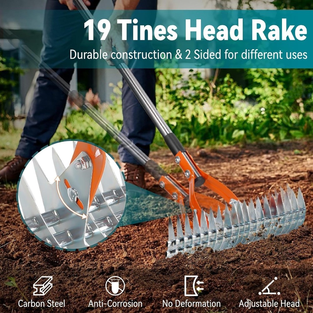 Heavy-Duty 19-Tine Dethatcher Rake with 70'' Adjustable Handle for Lawns