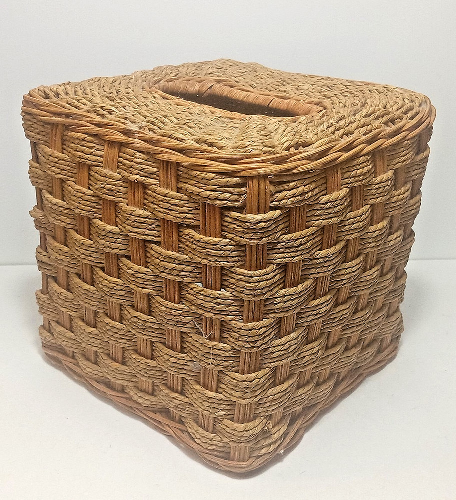 Vintage Wicker Cube Tissue Box Cover Open Bottom Natural Tan Brown QUALITY MADE
