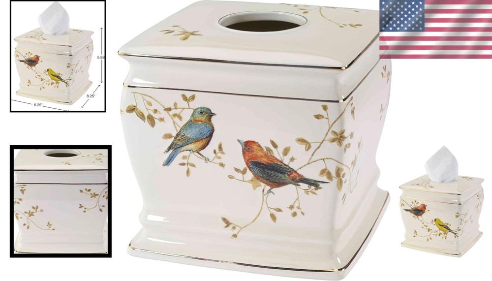 Ivory Bird Tissue Box Cover, Gilded Birds Collection