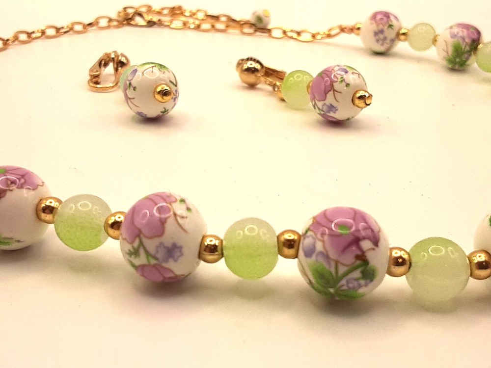 Faux Jade and Painted Ceramic Bead Necklace & Earring Set