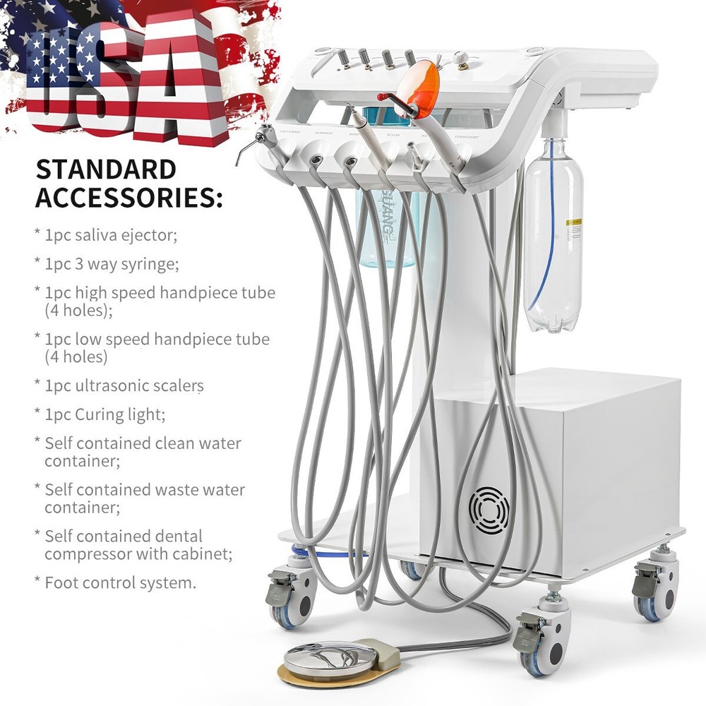 Portable Dental Delivery Cart Unit Compressor Suction System Scaler Light Curing