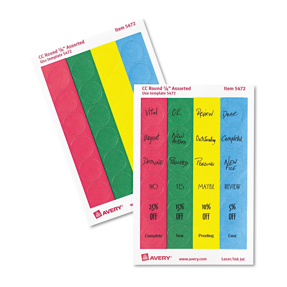 Avery® Printable Removable Color-Coding Labels, 3/4" dia, Assorted, 1008/Pack