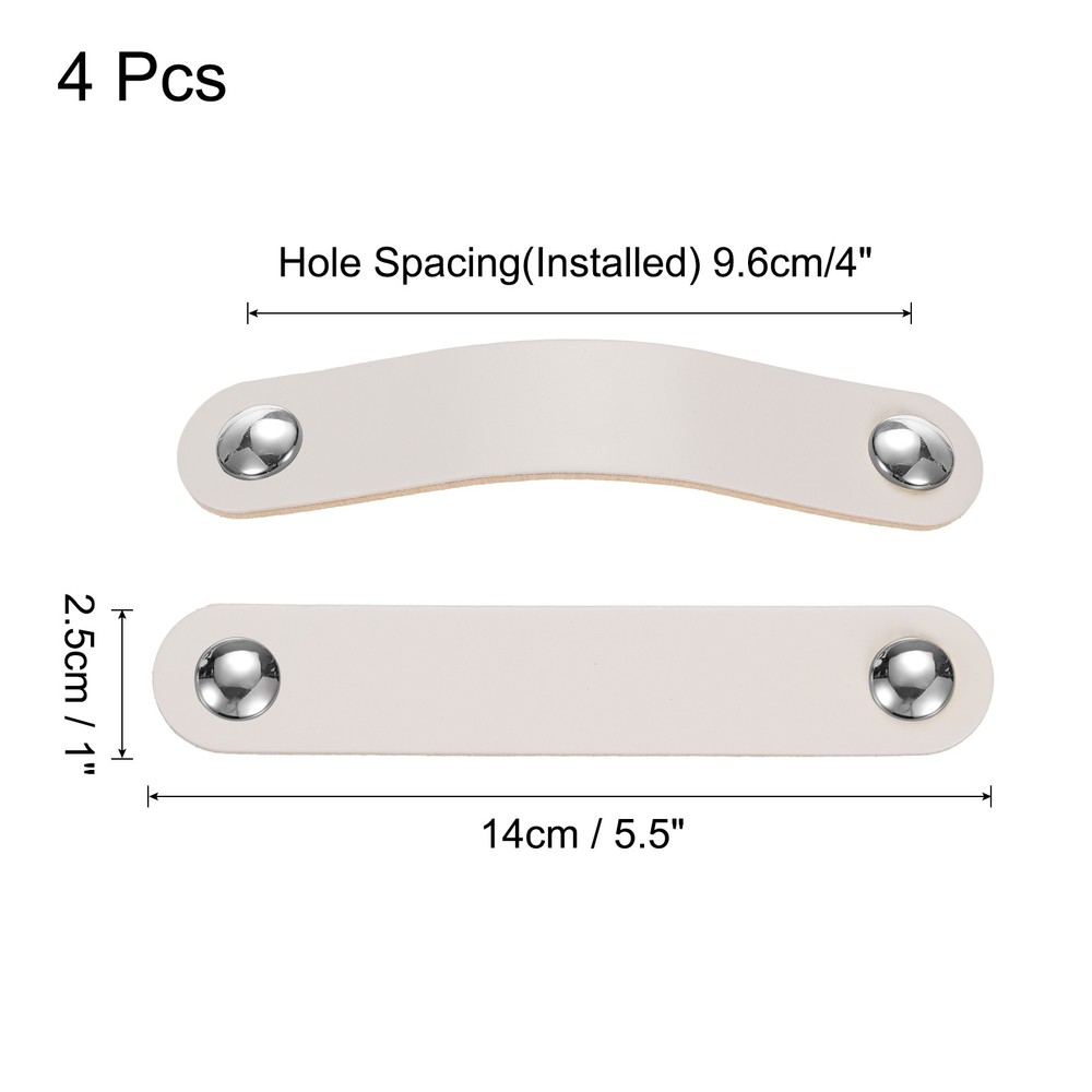 4 Packs Leather Drawer Pulls Double Hole Knobs, Cream/Silver(Hole Spacing:96mm)