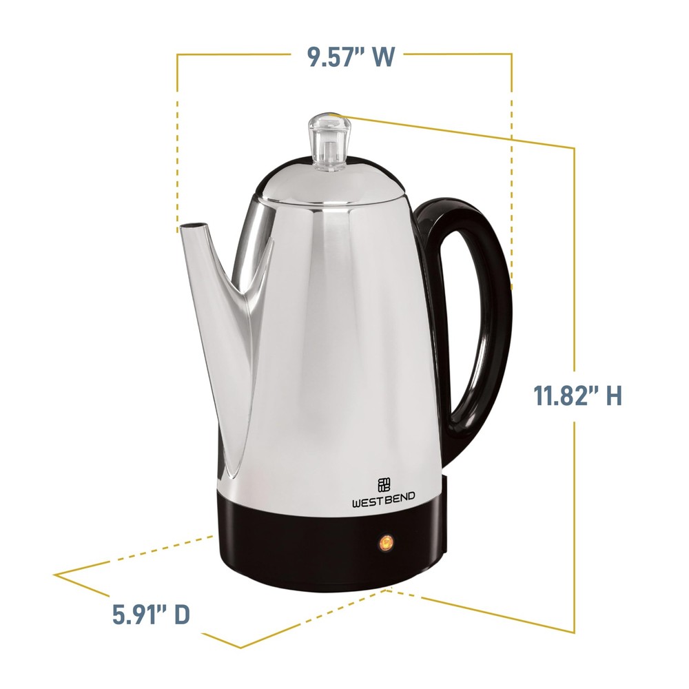 West Bend Electric Percolator Classic Style Coffee Maker with 12-Cup, Silver