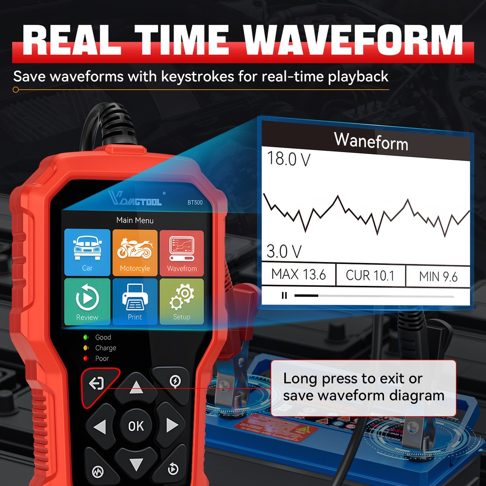 VDIAGTOOL BT500 100-3000 CCA Car Auto Load Battery Tester Tool Digital Analyzer