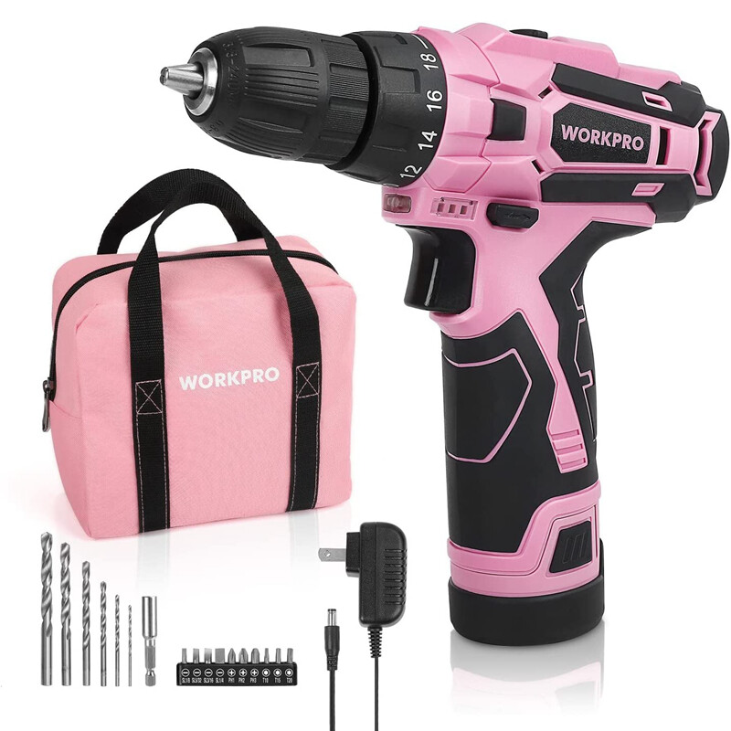 WORKPRO 12V Cordless Drill Driver Set 3/8" Keyless Chuck Screwdriver Driver Pink