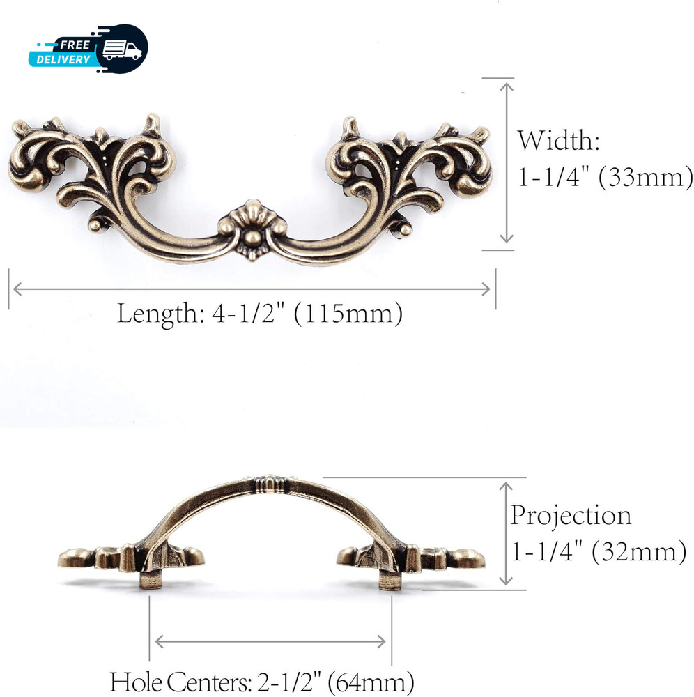 French Provincial Drawer Pulls - 6-Pack Antique Brass 2-1/2" Hole Centers