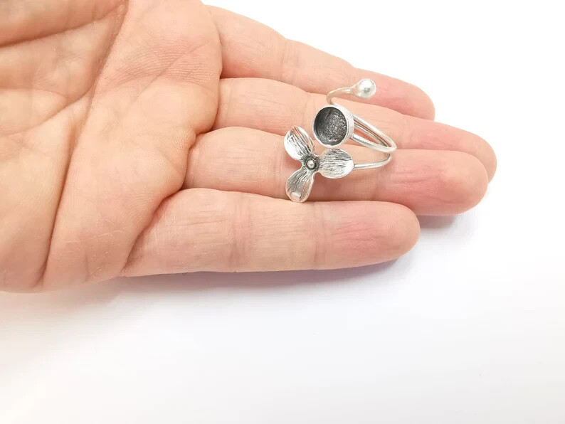 Flower Ring Setting Blank Cabochon Mounting Adjustable Ring Base Bezel