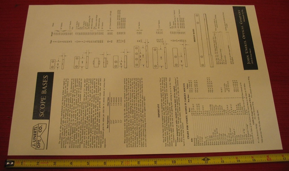 Unertl Scope Base Chart with Mounting Applications & Dimensions