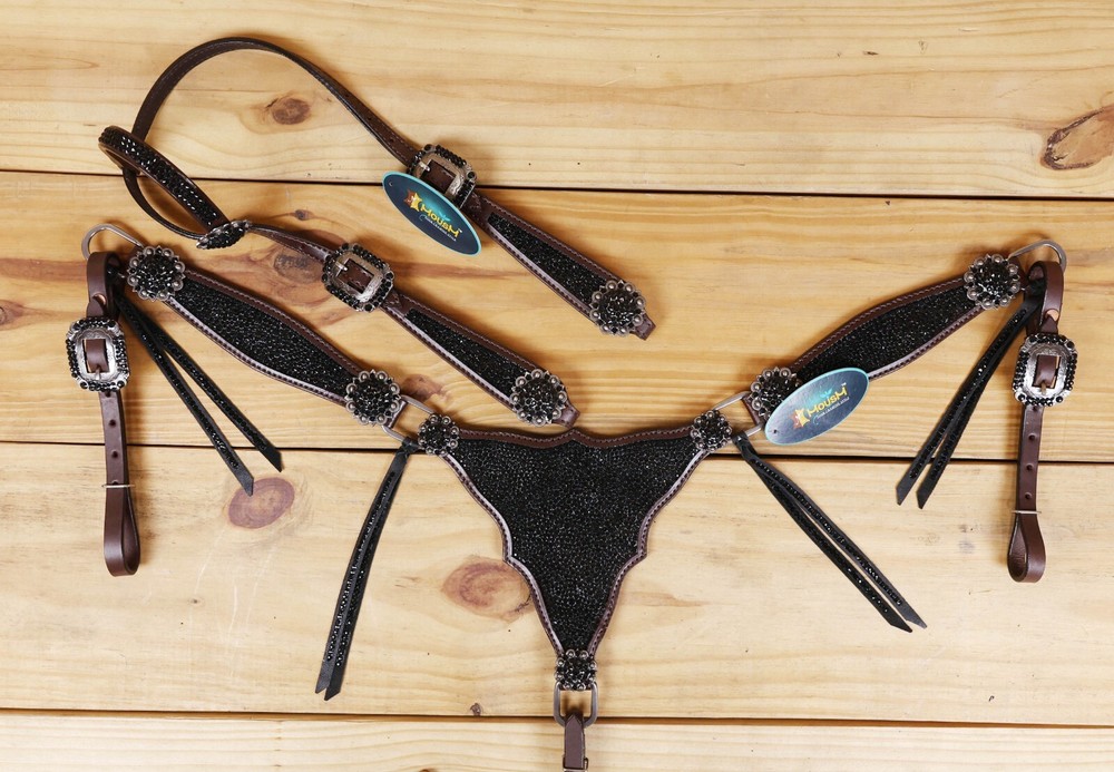 MOUSM One Ear Headstall & Breast Collar Set - Gladiator Style with Bling Strings