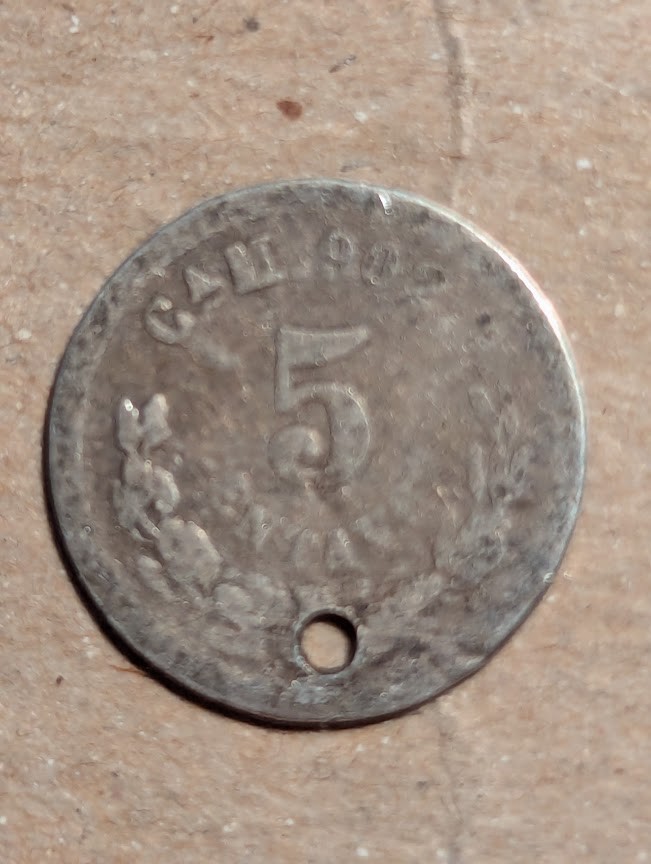 1894 Mexico 5 Centavos Silver (holed)