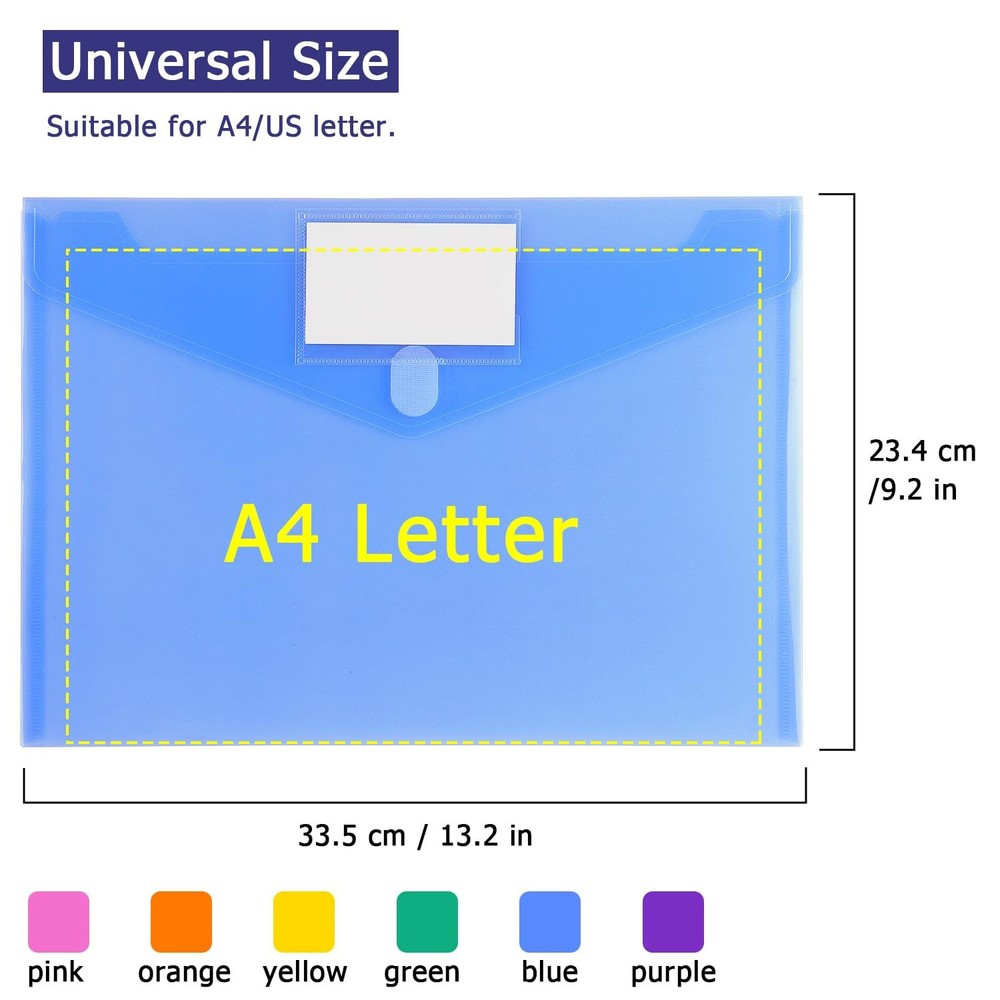 6 PCS Plastic File Folders Envelopes for Documents, School Office Reusable
