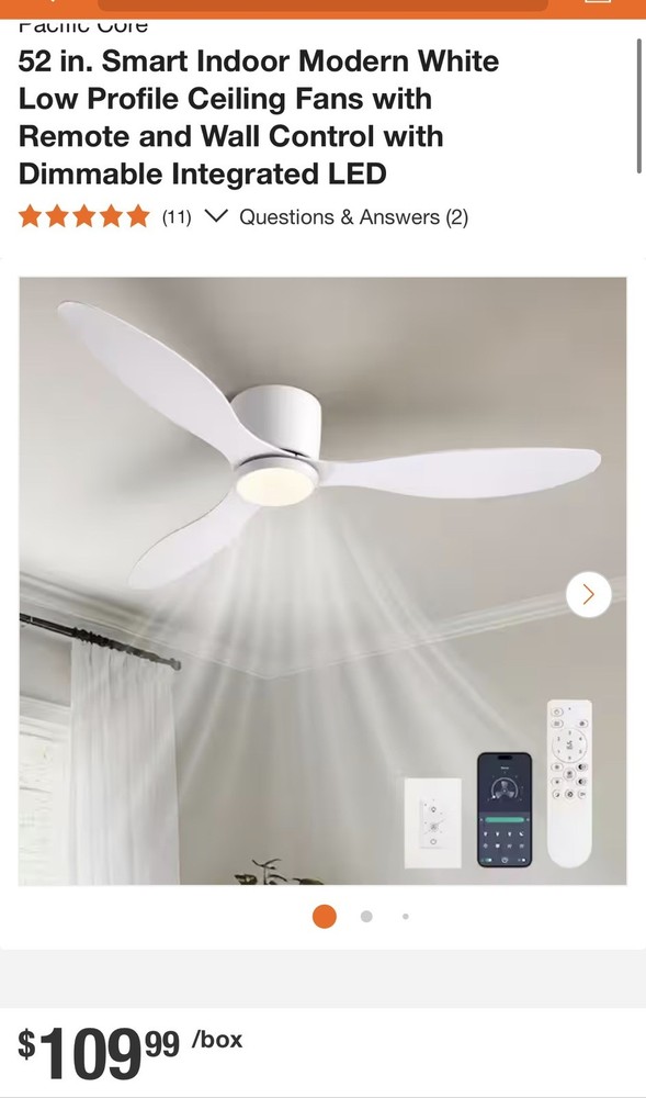 Pacific Core 52 in. Smart Low Profile White Ceiling Fan w/ Remote & Dimmable LED