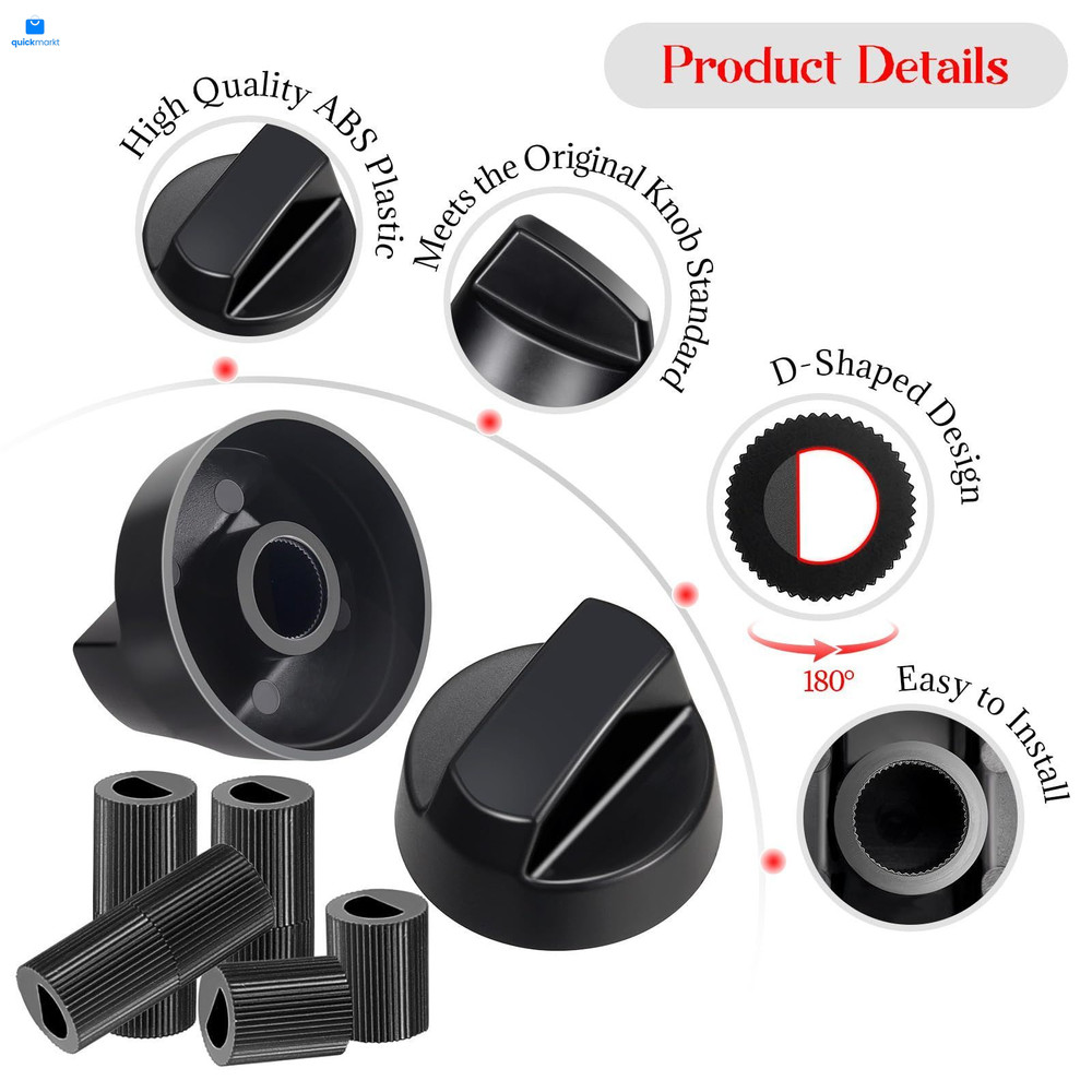 4 Pack Black Control Knobs with Replacement for 12 Adapters, Stove