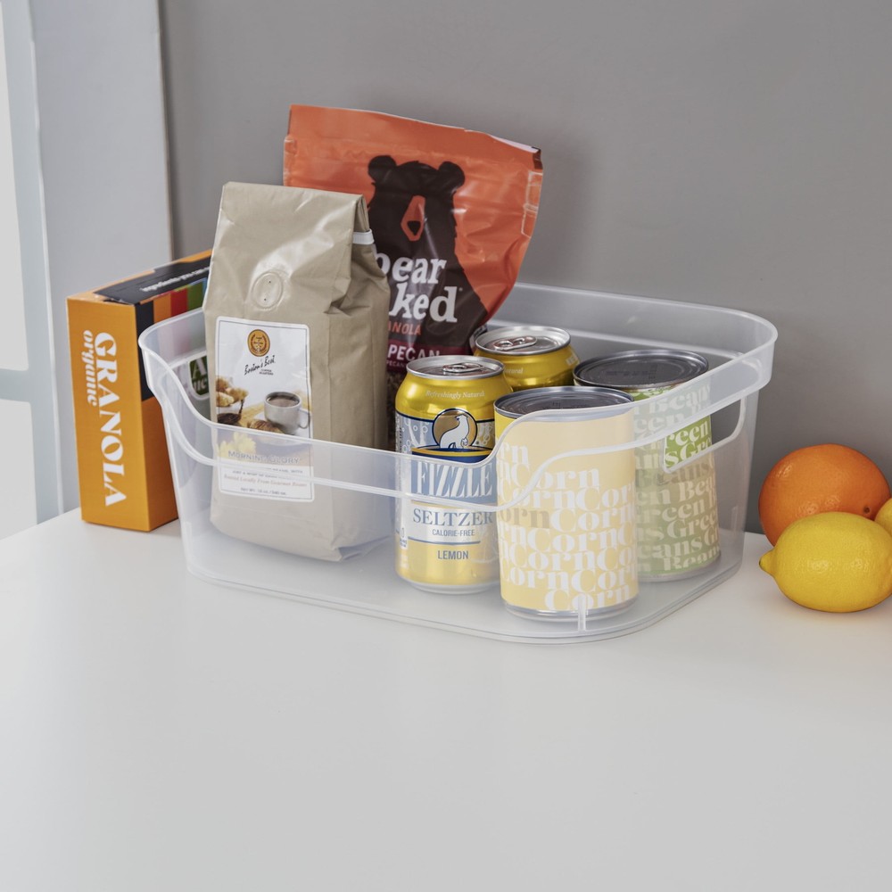 (4 pack) Medium Open Bin, Clear Plastic, Easy Access Bin with Scoop Front