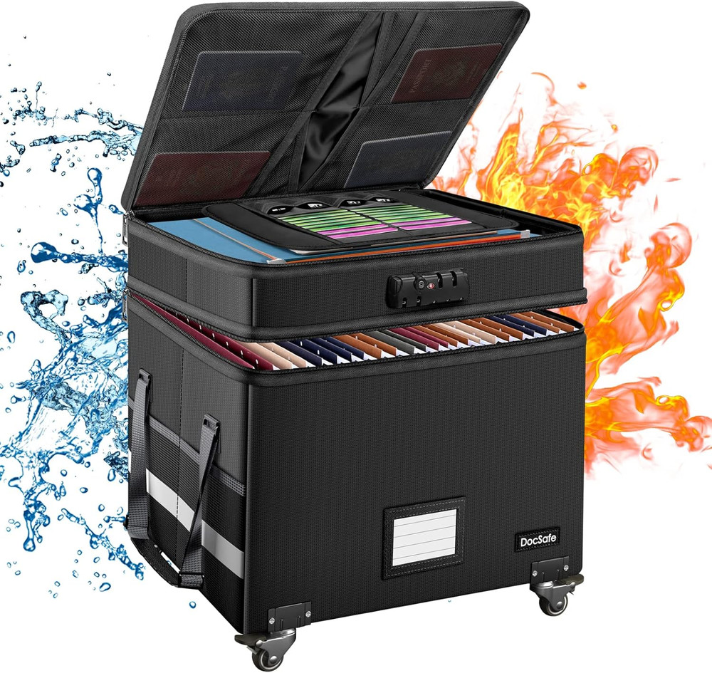 Fireproof Document Box with Lock - Portable 2 Layer File Safe for Home & Office