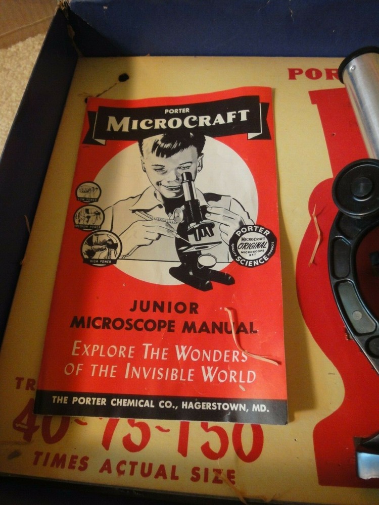 Vintage Porter Chemical, Microcraft, 3 objective microscope set 205, complete!