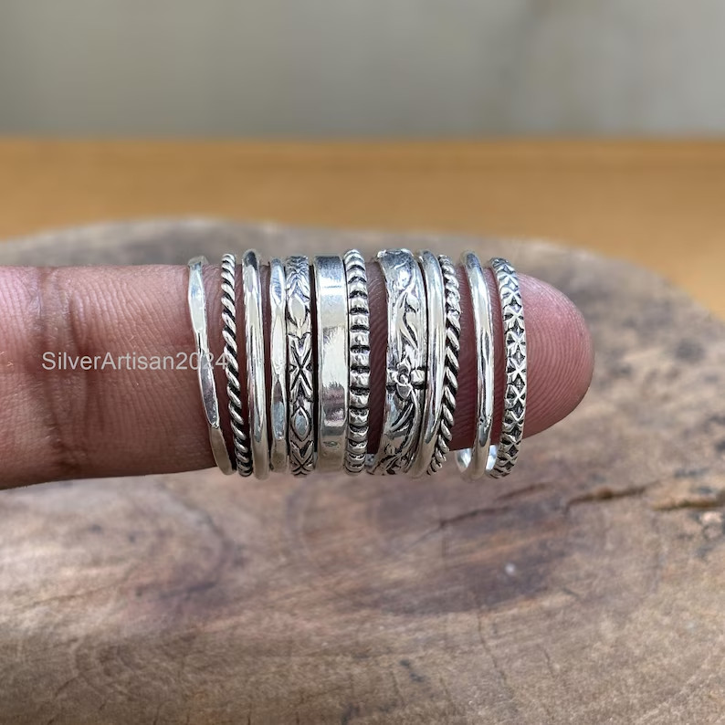 Sterling Silver Stacking Rings Set: Assorted Patterns, Thin & Thick All Size