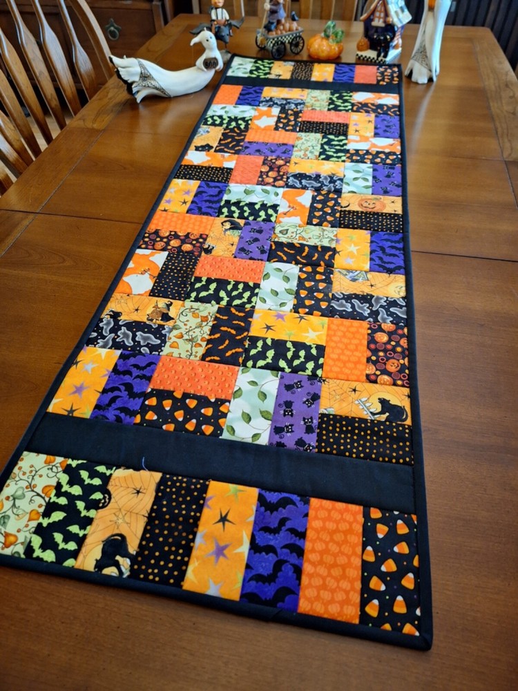 Handmade Reversible Patchwork Halloween Table Runner with Vibrant Colors