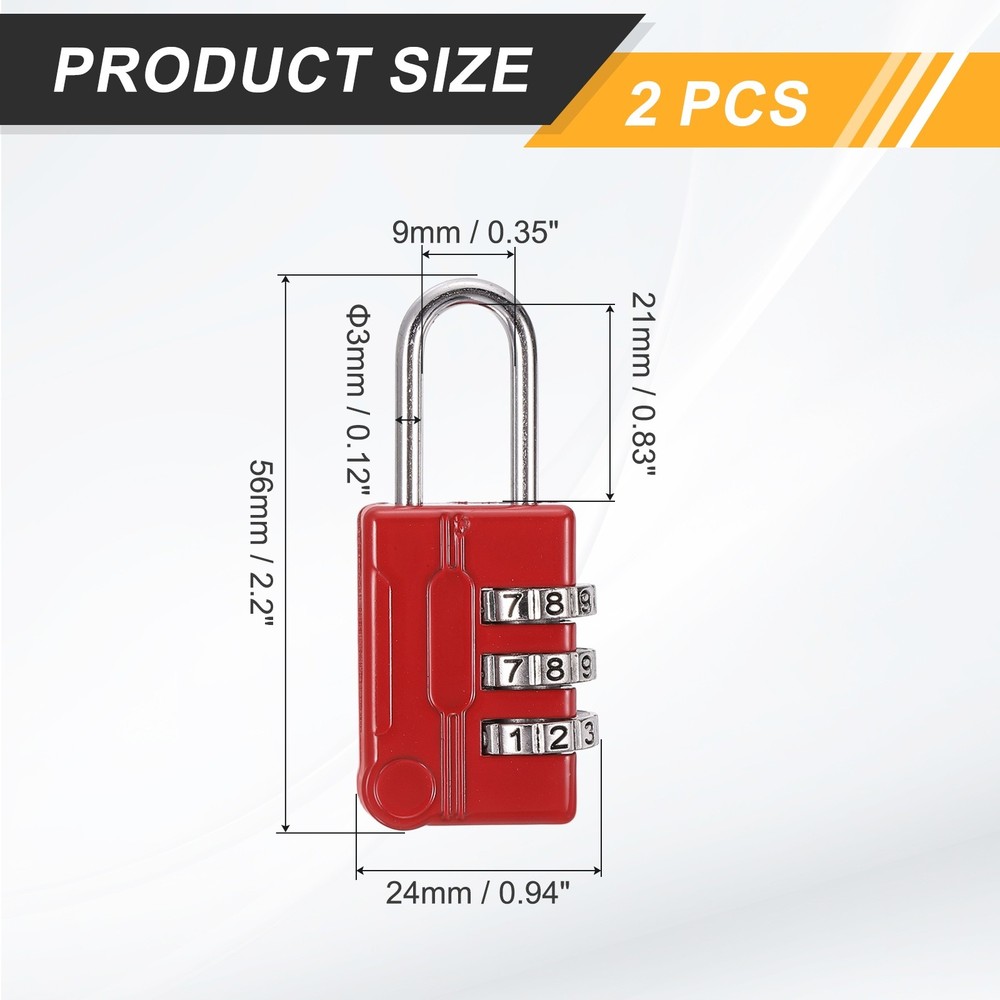 2Pcs Resettable 3 Digit Combination Lock Code Padlock, Red (56 x 24mm)