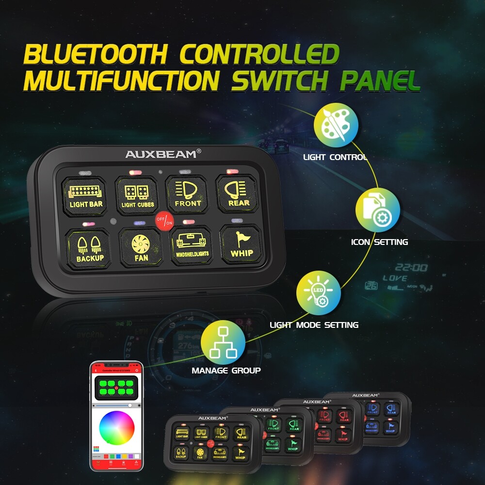 Auxbeam Multifunction RGB 8 Gang Switch Panel with bluetooth Controlled for JEEP