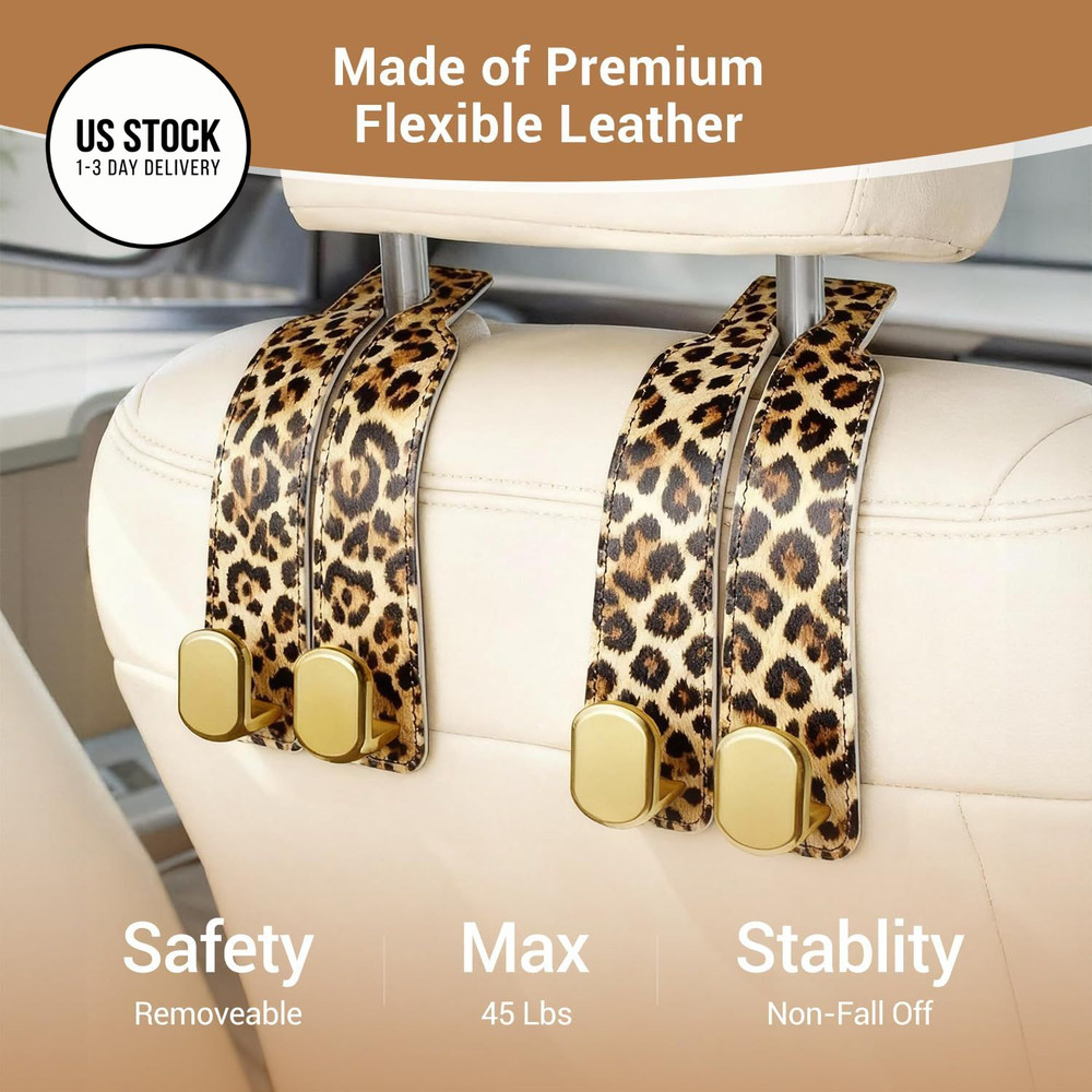 FLYEEGO 2 Pack Purse Hook for Car Headrest, Seat Back Storage Leopard