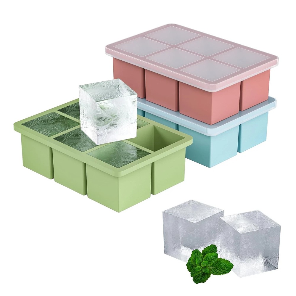 Large Ice Cube Tray for Whiskey 3 Pack, Big Silicone Square Ice Cube Mold wit...