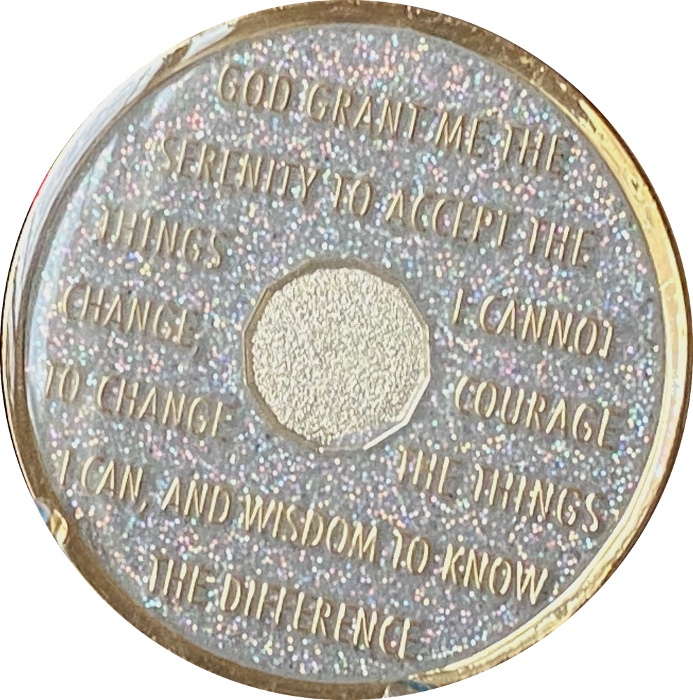 3 Year AA Medallion Opal Silver Glitter Tri-Plate Sobriety Chip