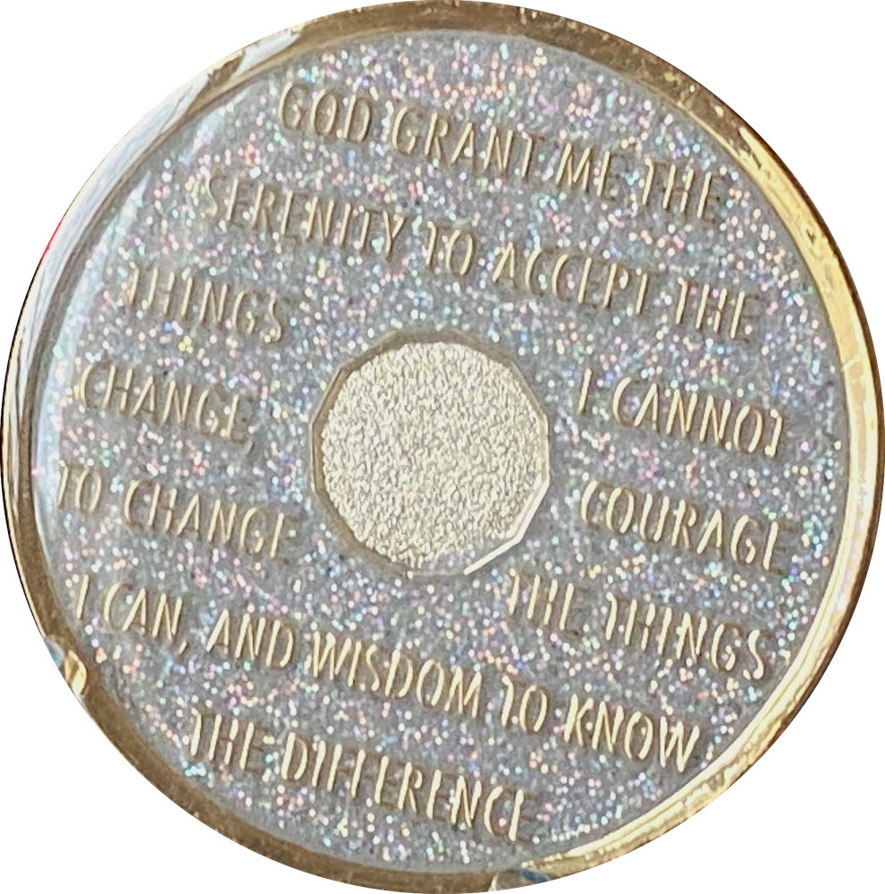 6 Year AA Medallion Opal Silver Glitter Tri-Plate Sobriety Chip