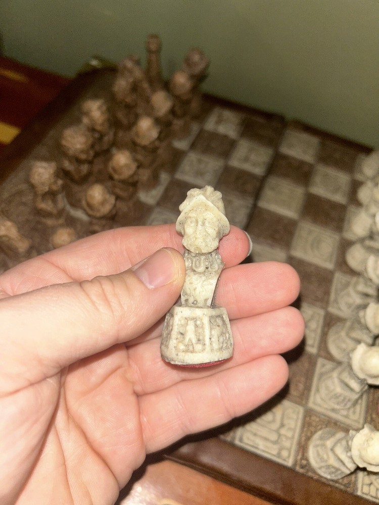 Vintage Unique Aztec Spanish Folding Chess Board Set Mexico Complete