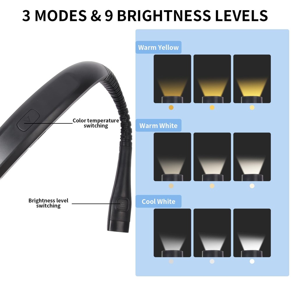 Book Light, 3-Color 9-Brightness Reading Light, Bendable Neck Light, 60-hr L...