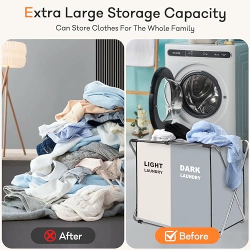 Laundry Cloth Hamper Sorter Basket Bin Foldable with 2 Sections White+gray