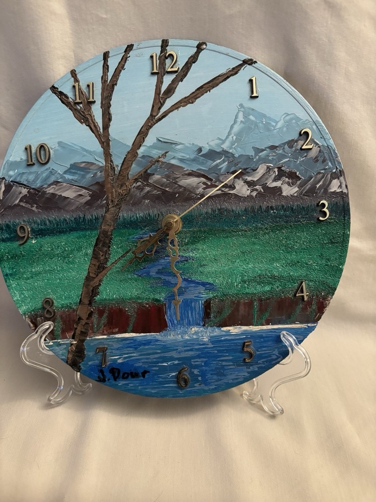Hand Painted Saw Blade Clock 9-3/4”Spring Mountain Scene With Stand. Signed.