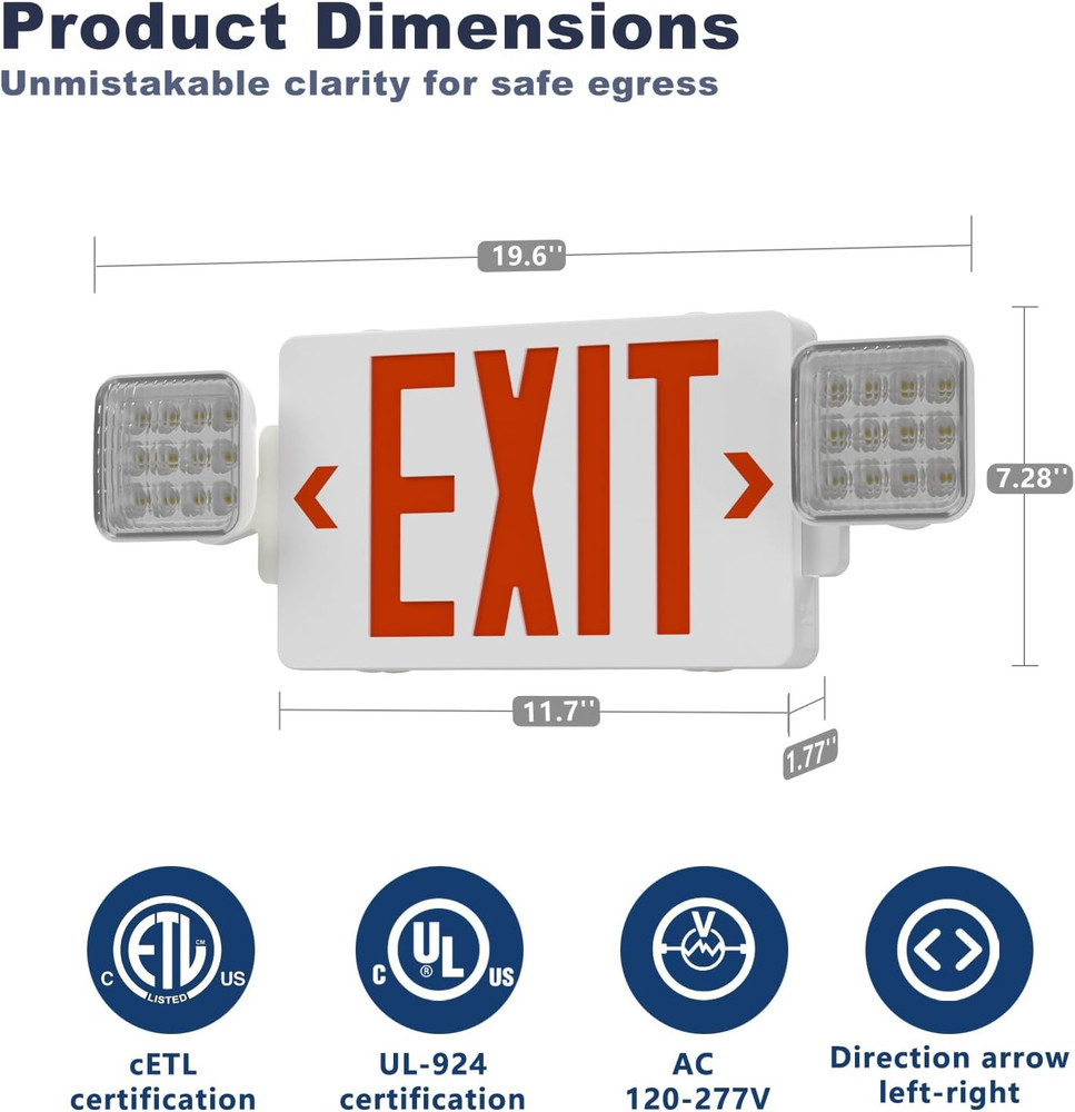 Exit Signs with Emergency Lights, Adjustable Double Head - Hardwired with Batter