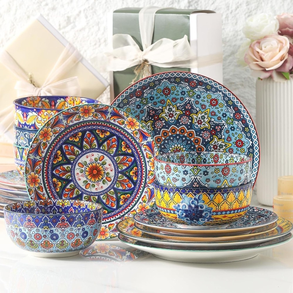 18 Pcs Kitchen Dinnerware Sets Service for 6 Bohemian Style Plates & Bowls Set