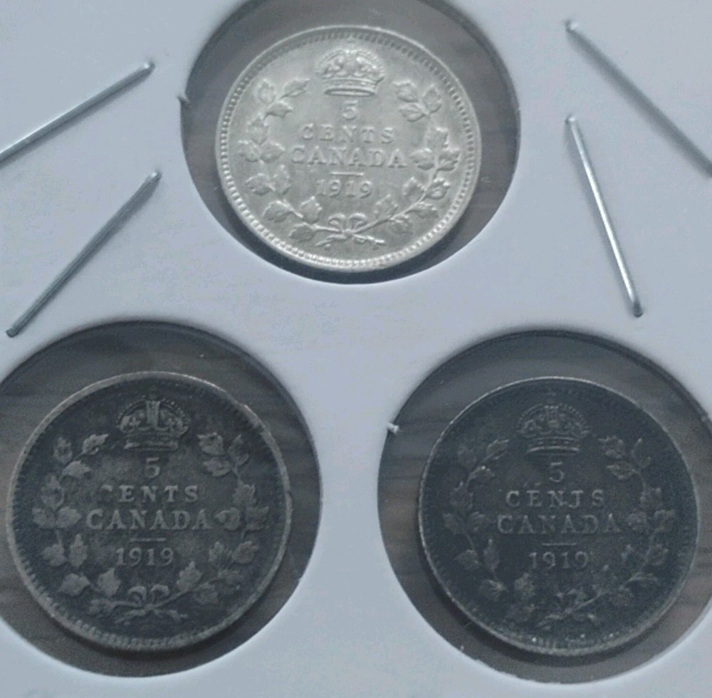 Three 1919 Canada 5 Cent .925 Sterling Silver Coins