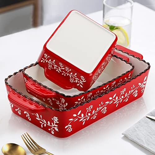 3 Pack Ceramic Bakeware Set, Porcelain Rectangular Baking Dish Lasagna Red