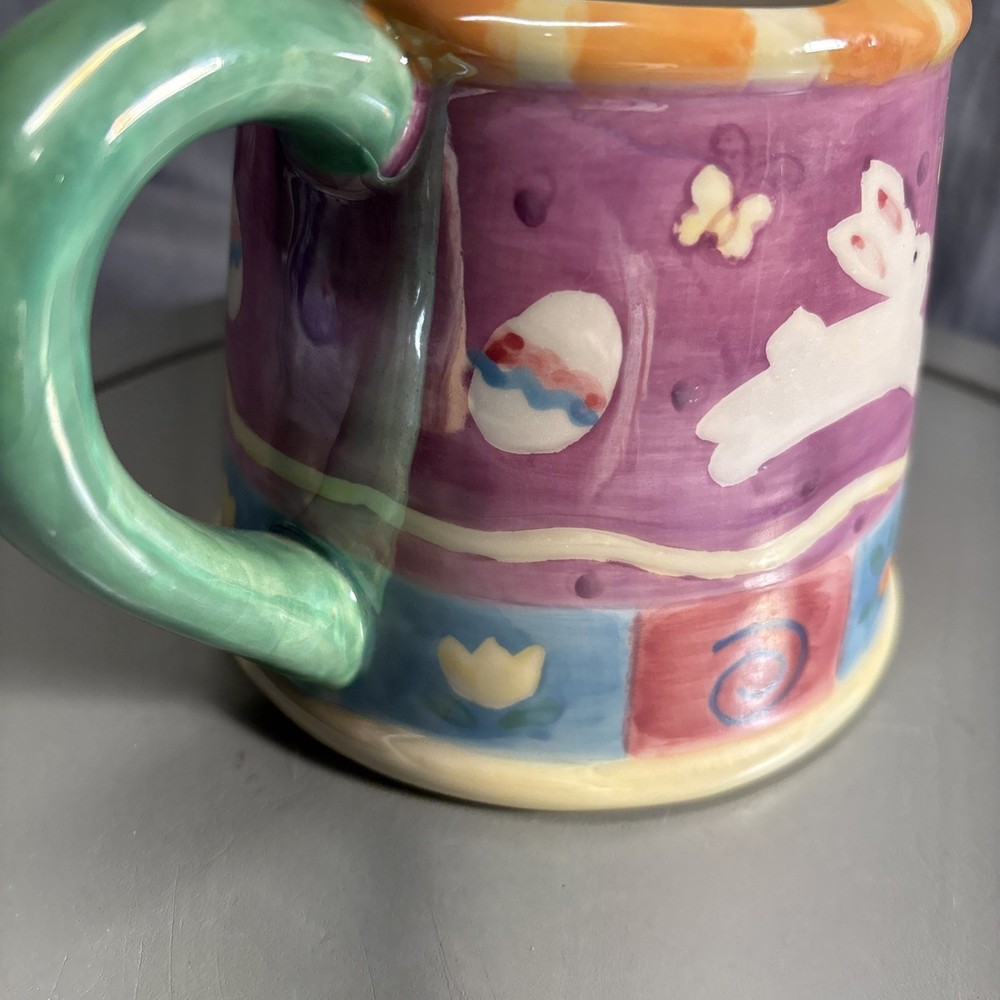 Vtg Watering Can or Planter 6.5" 2000 Palm Tree Ceramic Easter Bunny/Eggs Luster