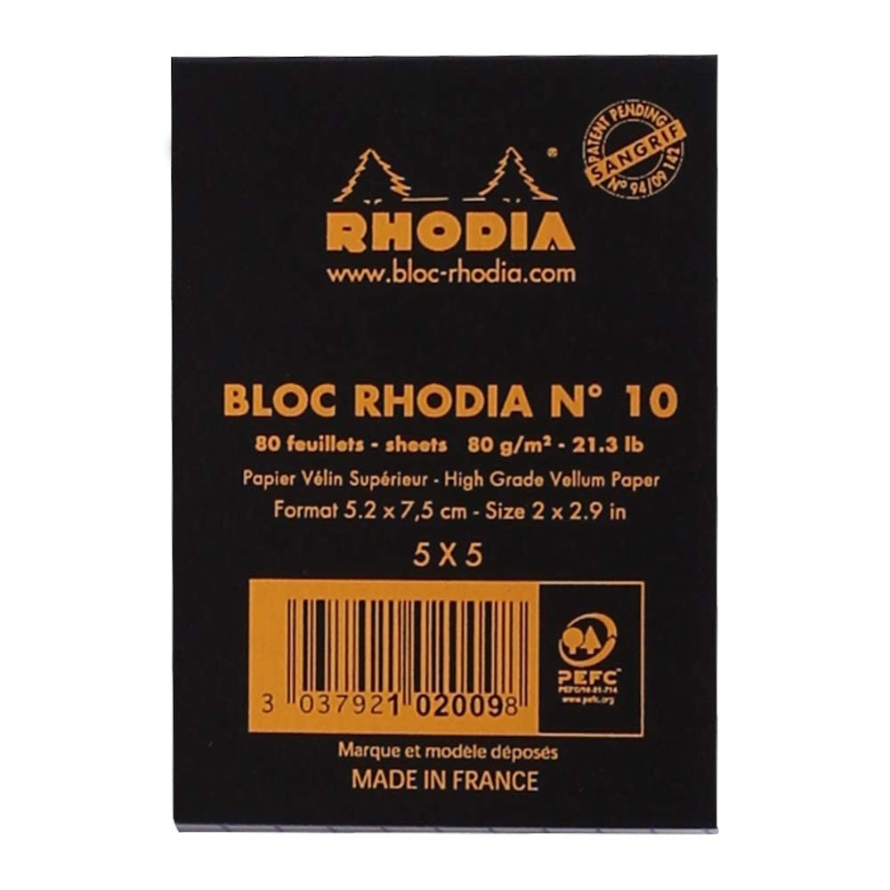 Rhodia A8 Black Notepad 52x75mm Square Ruling 80 Microperforated Sheets