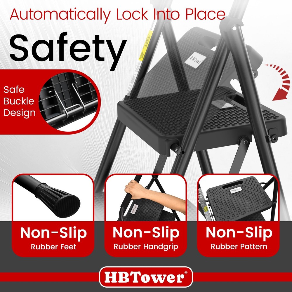 HBTower Step Ladder, Folding Stool with Wide 2 Black