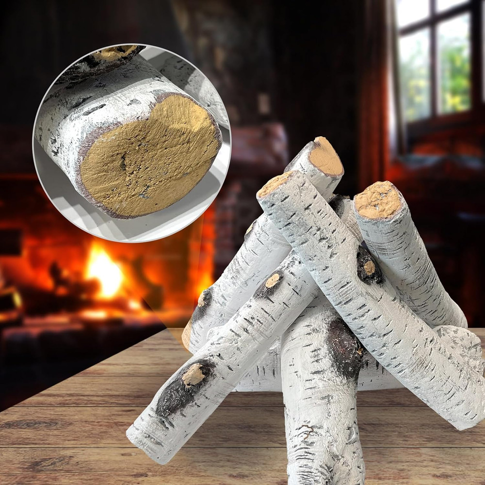 Realistic Birch Ceramic Fireplace Logs - 6 Pack for Fire Pits