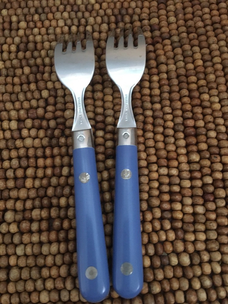 Stainless Flatware BLUE GREY Plastic Rivets 2 SALAD FORKS 6 3/8”