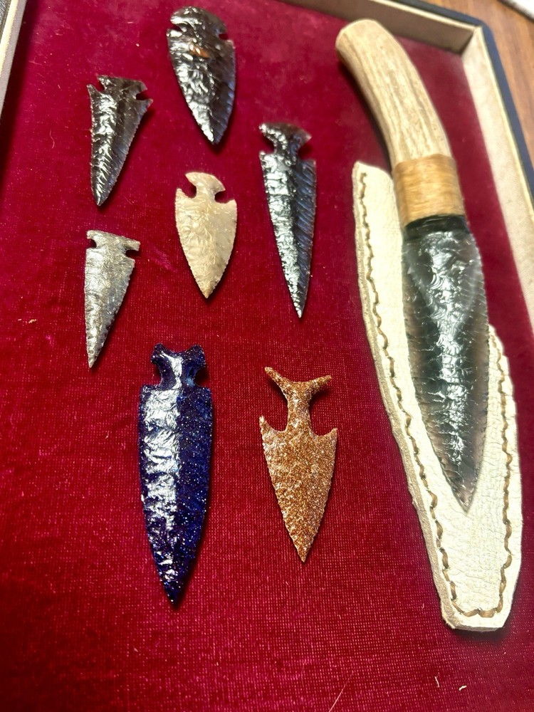 Flint Knapped Obsidian Arrowhead Points Antler Handle Knife Handmade Unique Gift