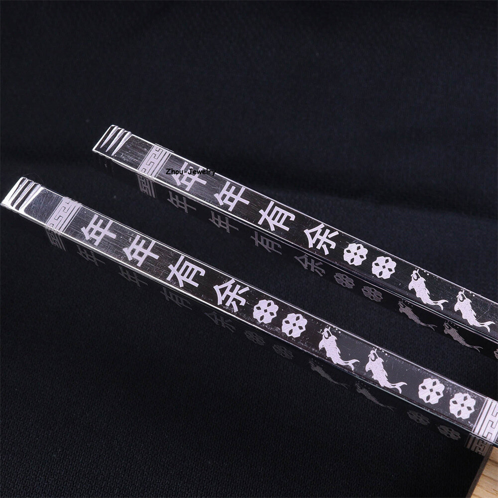 Solid S999 Fine Silver 999 Square Fish Figure Chopsticks Dinnerware 43-44g