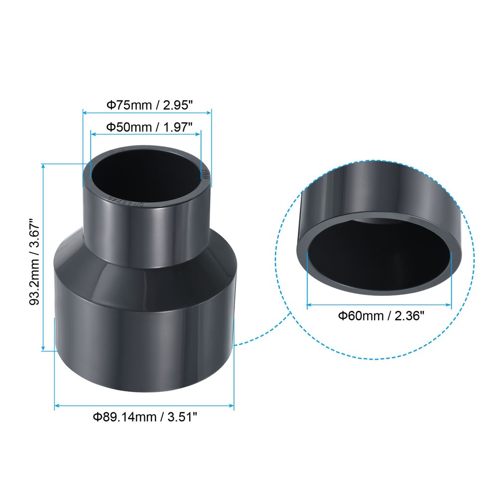 PVC Reducer Pipe Fitting 3x2" Socket Coupling Adapter Connector, Grey
