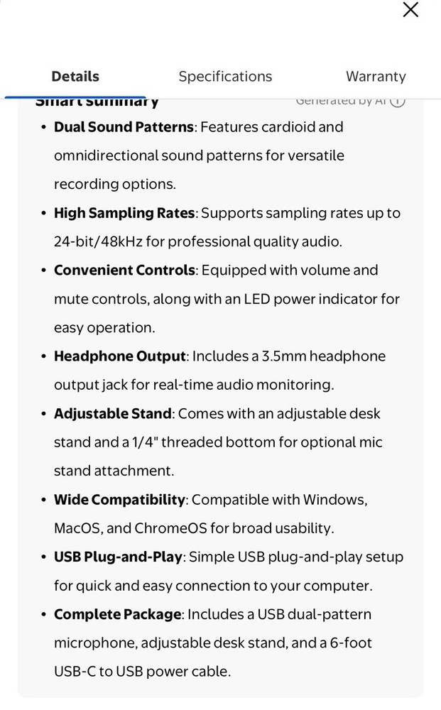 onn USB Dual-Pattern Podcasting Microphone, Mute Button, Adjustable Stand, Black